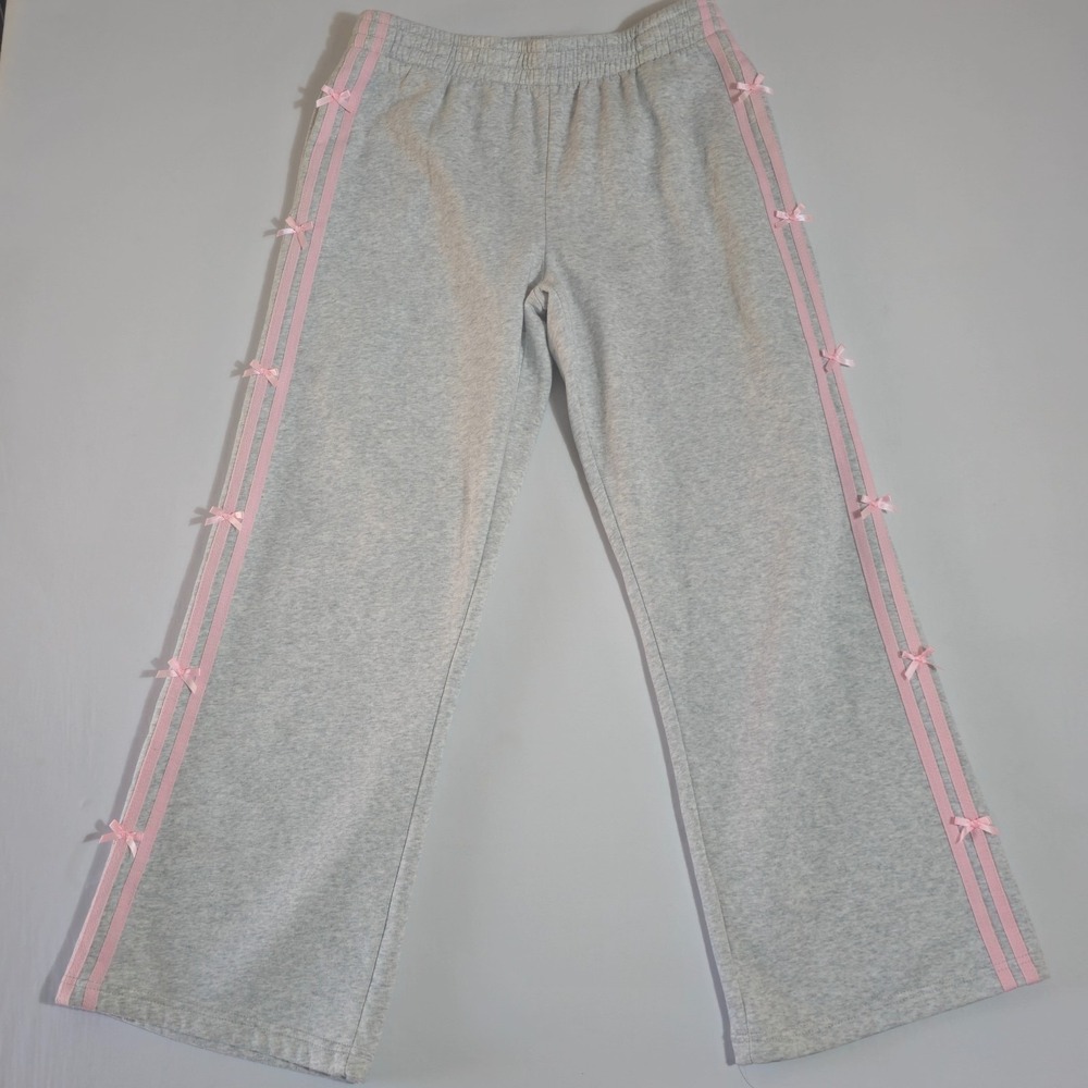 Lazy Sunday Sweatpants Women L Gray Pink Bow Side Stripes Wide Leg Coquette Soft
